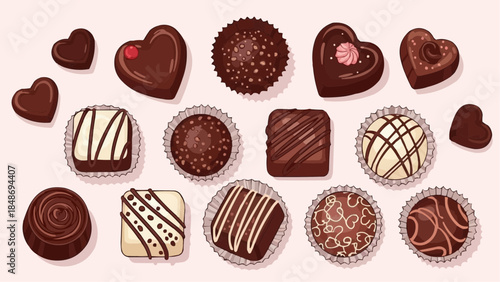 Collection of assorted gourmet chocolates, featuring dark, milk, and white chocolate confections with decorative swirls and fillings