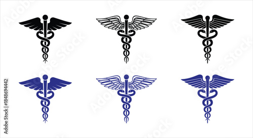 Caduceus medical symbol with wings and intertwined snakes, in black and blue variations