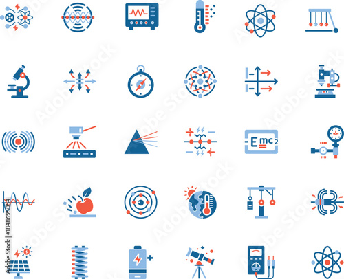 collection science physics vector flat icons, concepts tools fields