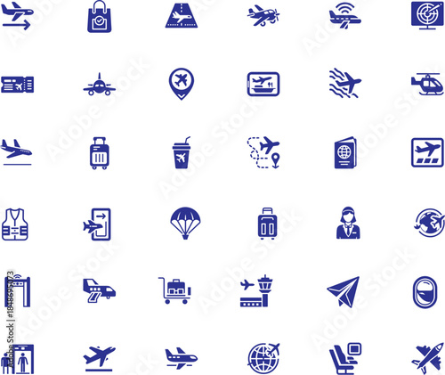 aviation vector icons, air travel airport-related activities
