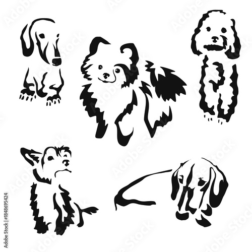 Vector drawing of a dog. Black and white gestalt design of a funny pet. Little doggy. Cute animal illustration. Postcard for International Dog Day. Drawing of an animal in the Gestalt style.	
