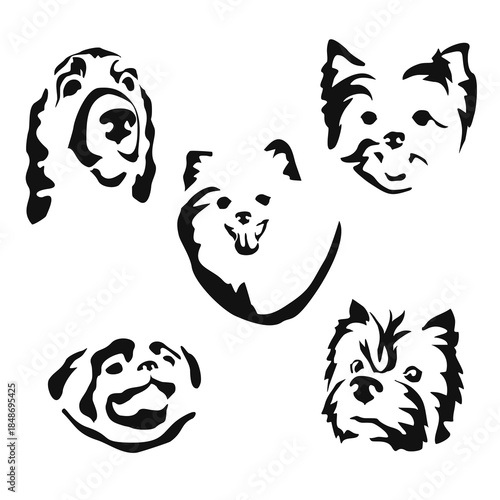 Vector drawing of a dog. Black and white gestalt design of a funny pet. Little doggy. Cute animal illustration. Postcard for International Dog Day. Drawing of an animal in the Gestalt style.	
