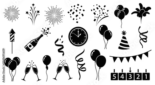 New Year Celebration Icons Set Black White.