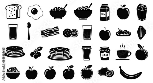 Assorted Breakfast Food Icons in Black.