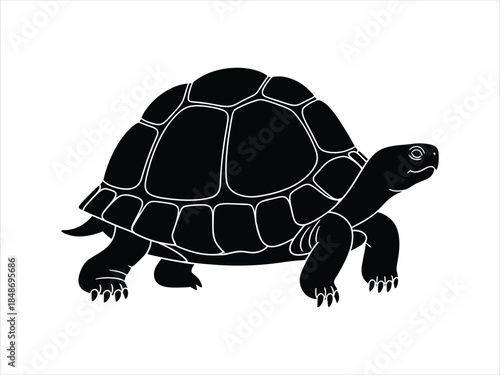 Striking black silhouette illustration of a slow-moving tortoise
