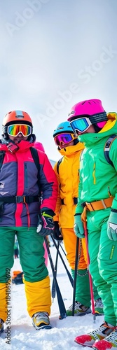 Colorful snow enthusiasts in vibrant ski attire, ready for adventure,  vacation,  snow