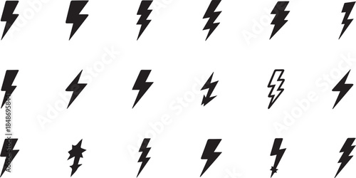 Lightning bolt icon. Flash symbol, thunderbolt, blitz lightnings strike sign. Electric energy black silhouettes, power concept. Vector isolated dynamic sports logo set