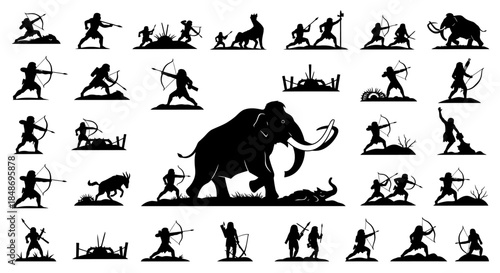 Collection of Elephant and Hunter Silhouettes.