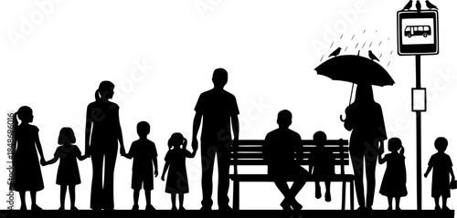 Children and adults waiting at bus stops silhouette vector illustration isolated on white background