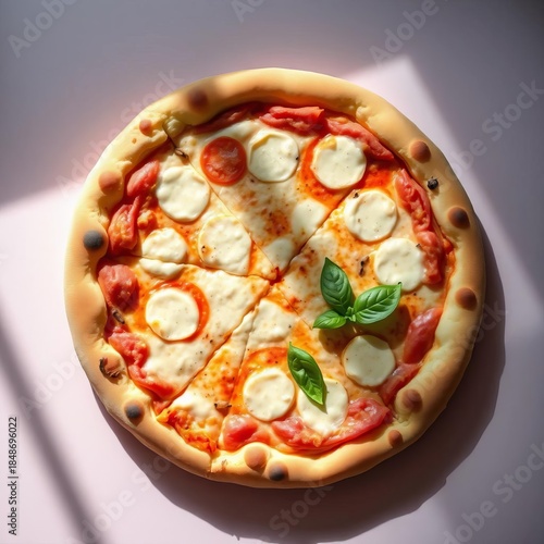 Delicate pastel hues embrace a perfectly crafted Margherita pizza, evoking a serene gastronomic dreamscape,  dreamy,  eye level