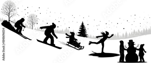Winter activity silhouette vector illustration, skiing, snowboarding, sledding, skating, snowman building, outdoor fun, seasonal sports clipart, black figures, cold weather recreation