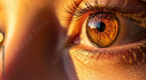Detailed golden eye macro with intricate iris patterns and eyelash detail creating visual impact