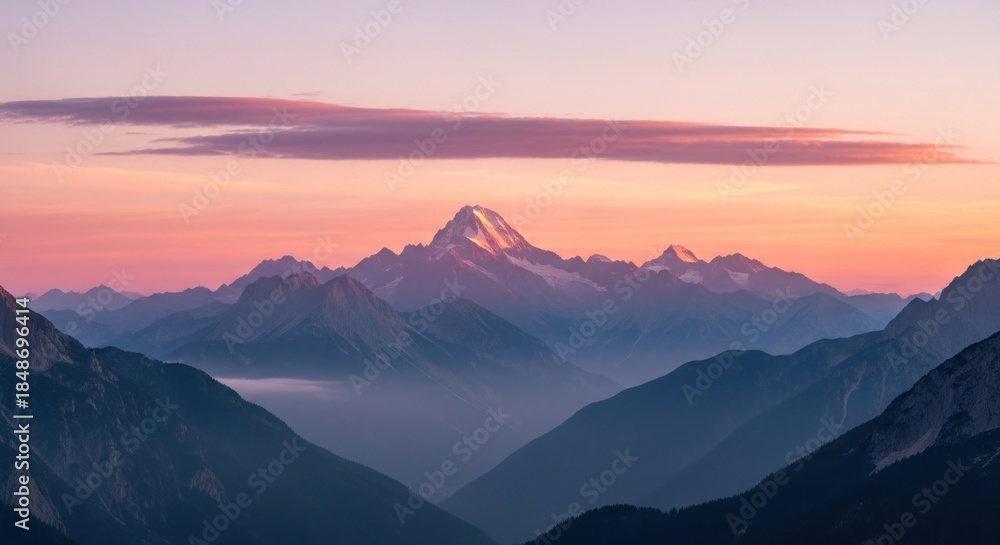 Fototapeta premium Majestic alpine landscape with layered mountains and serene sunset atmosphere, showcasing