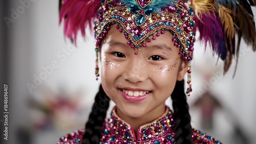 Young Asian Girl Wearing Colorful Festival Headdress and Sparkling Makeup Smiles Joyfully Indoors
