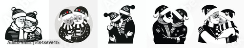 vector silhouette half body of old couple giving a warm hug at Christmas