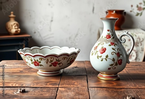 Elegant Italian-style decorative bowl and vase set on a rustic wooden table,  set,   texture