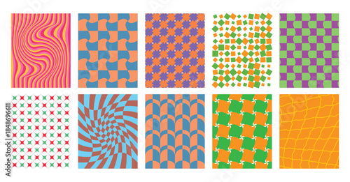 Collection of 10 abstract psychedelic retro pattern backgrounds in vibrant colors, vector illustration