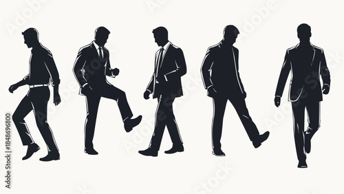 Silhouette of businessmen walking in different poses.