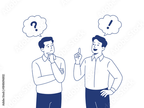 Two Men Discussing Ideas and Solutions with Question and Exclamation Marks