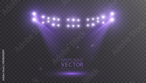 Realistic purple stage spotlights with glowing downward beams and glitter particles. Spotlight glow against a dark transparent background. Concert lighting design.