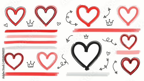 Collection of Hand Drawn Hearts and Decorative Elements in Red and Black.