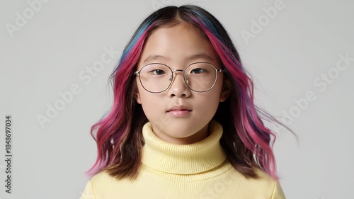 Young Asian Girl With Pink Blue Hair and Yellow Turtleneck Wearing Round Glasses Studio Portrait