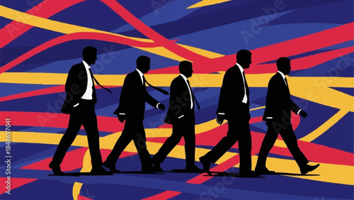 Five businessmen walking in a line.