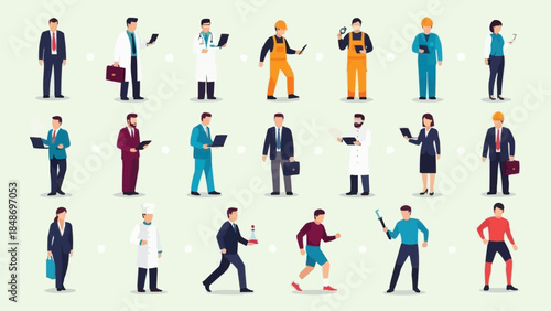 Diverse group of professionals and athletes depicted in a flat design style.