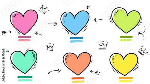 Colorful Hand Drawn Hearts with Decorative Elements.