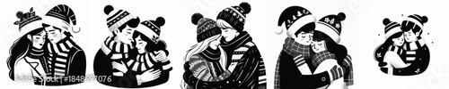 vector silhouette half body of couple giving a warm hug at Christmas