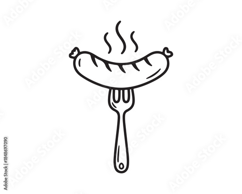 Hand-drawn Hot Steaming Sausage on Fork, Line Art Doodle Icon