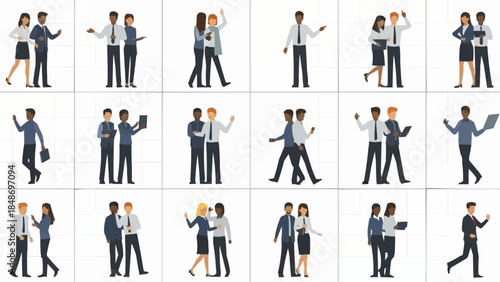 Diverse group of professionals collaborating and interacting in a modern business setting.