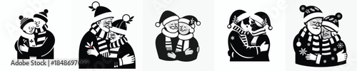 vector silhouette half body of old couple giving a warm hug at Christmas