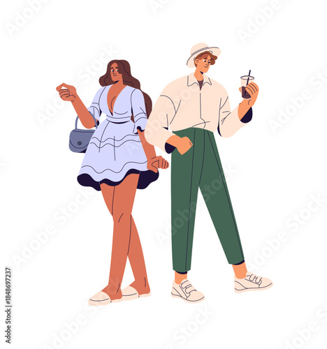Romantic couple in summer clothes. People are wearing hot weather outfits. Tanned woman in dress and young man with refreshing soft drink stand together. Flat isolated vector illustration on white
