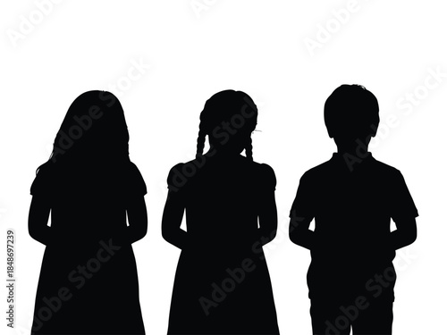 Silhouettes of three children standing together facing forward