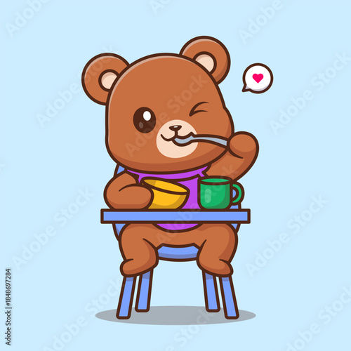 Cute Bear Baby Eating Porridge On Baby Seat Cartoon