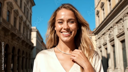 Smiling Young Woman With Blond Hair Walking Down European Cobblestone Street With Ornate Buildings on a Sunny Day