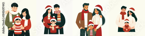 vector father and mother hugging their child on christmas