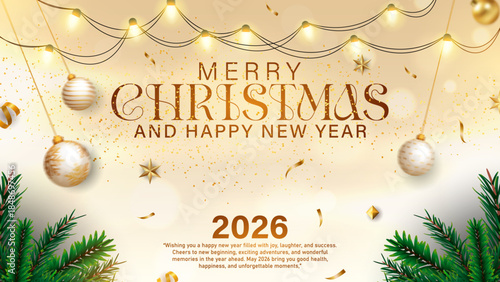 merry christmas and happy new year 2026 festive background with gold ornaments, elegant red holiday greeting card template with sparkles and copy space, luxury christmas celebration banner with golden