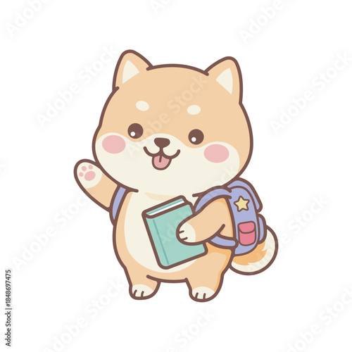 Cute shiba inu puppy student sticker holding book and backpack in kawaii cartoon style for kids