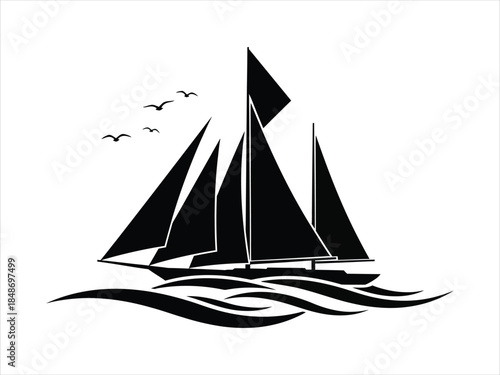 Sailing boat on waves with birds in the sky, elegant nautical illustration