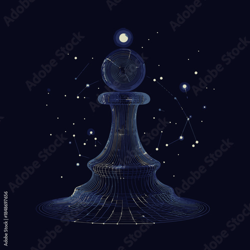 Abstract digital wireframe chess pawn with constellation stars on dark background futuristic business strategy concept vector illustration