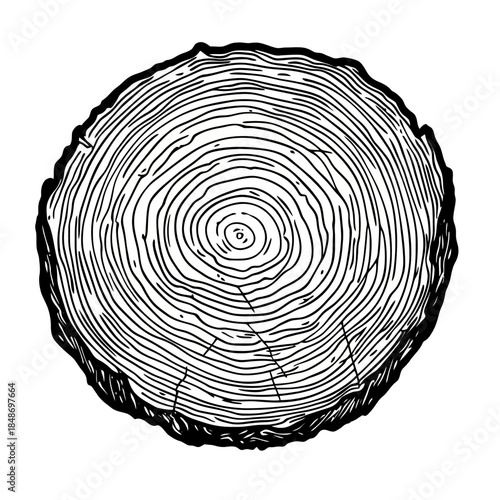 Detailed cross section tree trunk rings with natural cracks black and white wood grain texture engraving vector illustration for nature and forestry design
