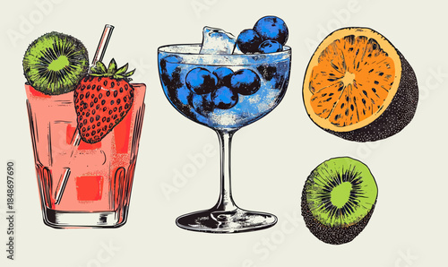Illustration of cocktail with kiwi and strawberry, blueberry drink in coupe glass with ice, halved orange and kiwi fruit slices flat minimalist vector art