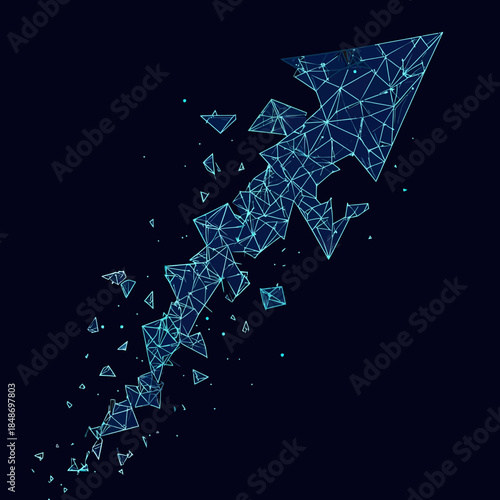 Polygonal broken arrow with geometric wireframe and flying debris fragments in blue futuristic digital style on dark background for business growth concept vector illustration