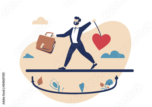 Businessman walking balance beam holding briefcase and heart symbolizing work life harmony and emotional wellness in minimalist style vector illustration