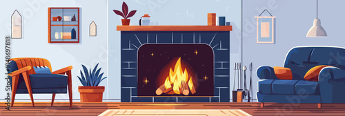 Cozy living room interior with burning fireplace sofa armchair potted plants and minimalist home decor in flat vector style