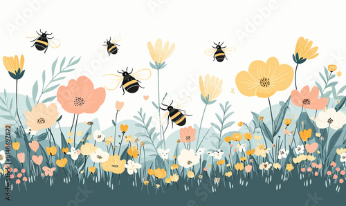 Whimsical spring meadow with blooming wildflowers bees flying over pastel orange yellow white flowers minimalistic vector illustration flat style