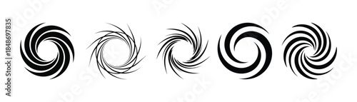 Set of swirling abstract vortex shapes and spiral motion graphics