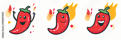 Set of three happy red chili peppers with green stems and flames in flat minimalist style with cheerful expressions and bright colors vector illustration